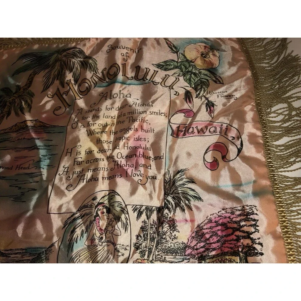 Vintage Honolulu Hawaii Satin Souvenir Pillow Cover Fringe Aloha Mid Century